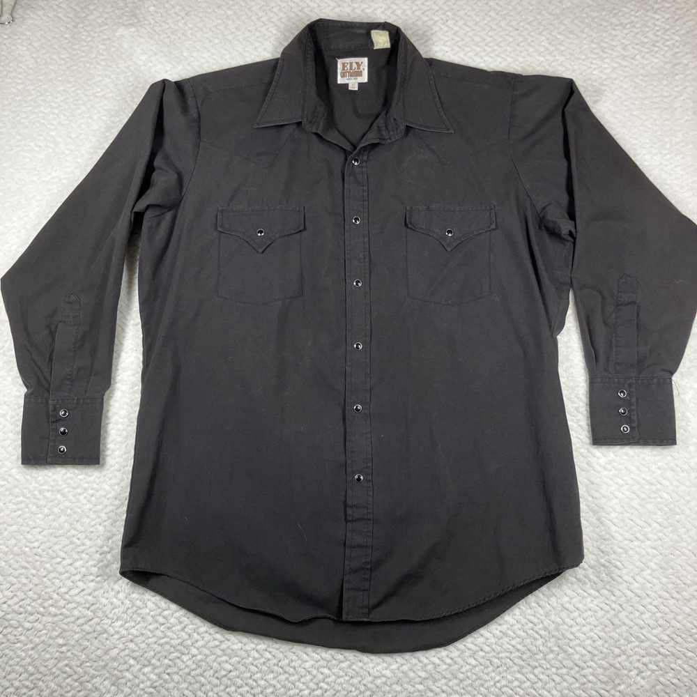 Vtg Ely Cattleman Pearl Snap Shirt Black Sz 16.5/33 Large Western Rodeo 80s 90s